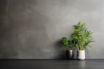 Fototapeta premium Black concrete wall architecture plant.