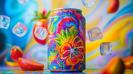 Soda can with tropical fruits bursting around it, vibrant colors, ice cubes flying, psychedelic style, bright and swirling background, groovy patterns