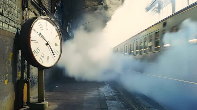 A vintage train arrives at a foggy station, with a large clock displaying the time, creating a nostalgic and mysterious atmosphere