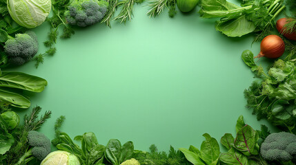 green veggies forming a frame in green background, in middle empty space for text
