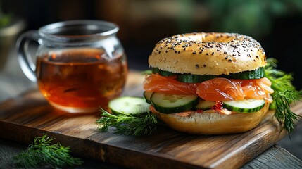 A bagel with smoked salmon, cucumber, and dill cream cheese on a wooden board next to a glass of tea.