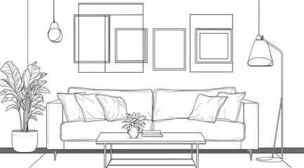 vector drawing of black lines room with sofa and paintings on white background .Generative AI