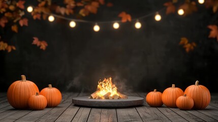 Cozy autumn scene with pumpkins, fire pit, and string lights on a wooden deck.