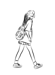 Raw sketch illustration of a girl student with a backpack white and black transparent background