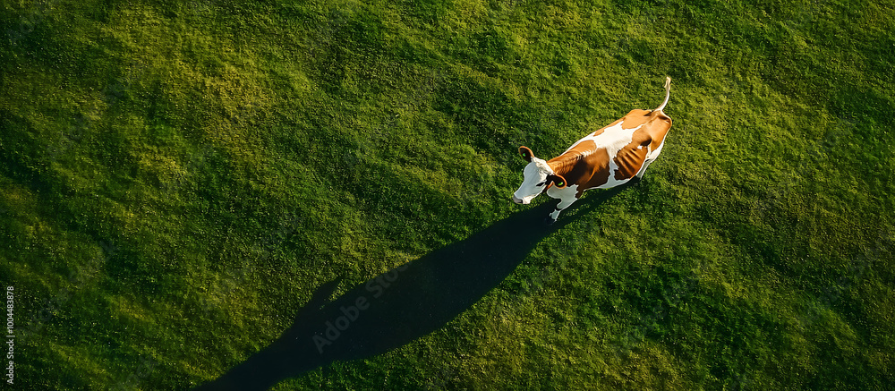 Poster high angle view of a white and brown cow with its shadow on a sunlit green field creating a serene c