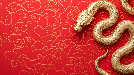 Fototapeta premium A gold snake is on a red background. The snake is curled up and he is resting
