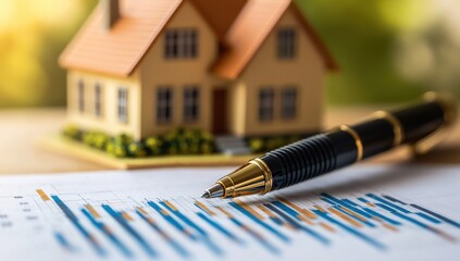 a real estate market chart and pen on top, with a miniature house model in the background Web banner with copy space Generative AI