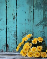 Vintage Teal Wall with Yellow Chrysanthemums