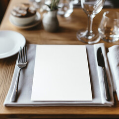 un menú blanco en blanco sobre una mesa de restaurante neutra.