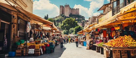 Vibrant and energetic city marketplace showcasing a diverse array of local merchants and their colorful stalls with an imposing 12th century castle looming in the background