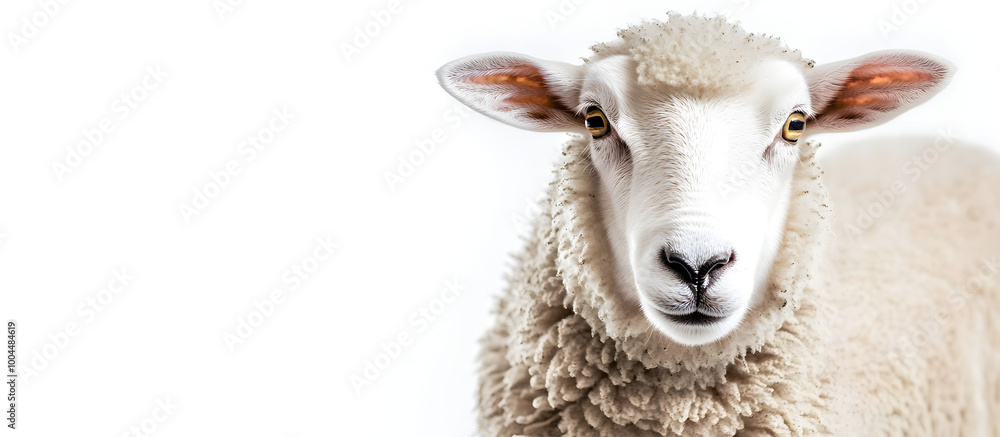Poster close up view of sheep featured in a studio setting with a white background ideal for incorporating 