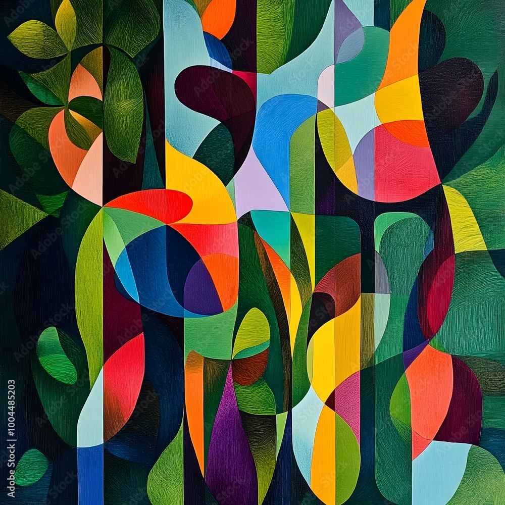 Poster striking abstract composition featuring a dynamic arrangement of vivid geometric shapes and fluid or