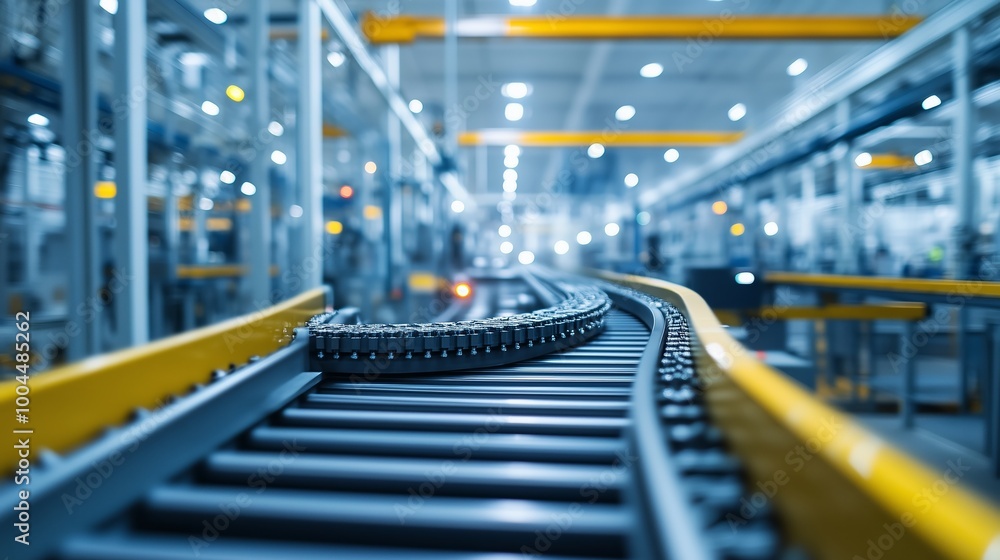 Poster a close-up view of a modern factory conveyor belt system in operation, showcasing efficiency in manu