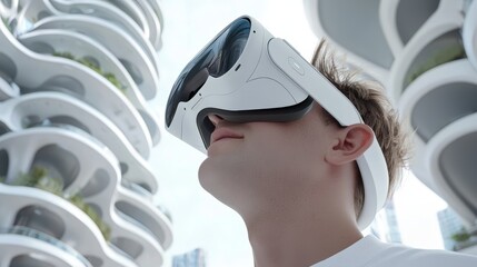 Naklejka premium An architect uses VR to visualize and fine-tune the layout of a futuristic eco-building, illustrating how virtual technology is transforming architectural design.
