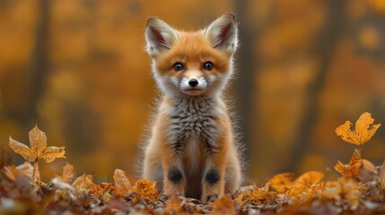 Fototapeta premium A curious red fox cub explores a vibrant forest covered in autumn leaves during a sunny day