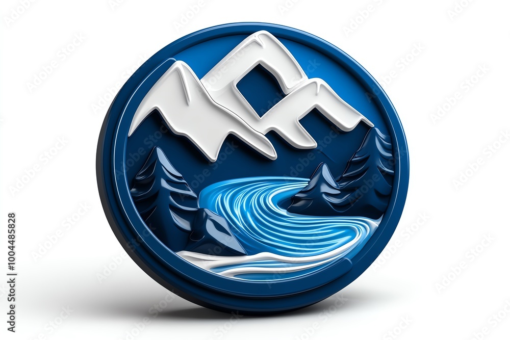 Poster abstract mountain stream icon, showing flowing water and jagged mountain cliffs in a clean, minimali