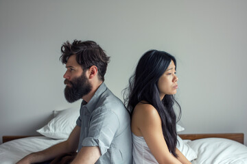 Couple experiencing relationship struggles seated backtoback in bedroom setting for therapy and counseling use