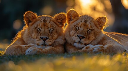 Two affectionate lions peacefully resting together in the warm afternoon sunlight, highlighting their golden fur and serene expressions