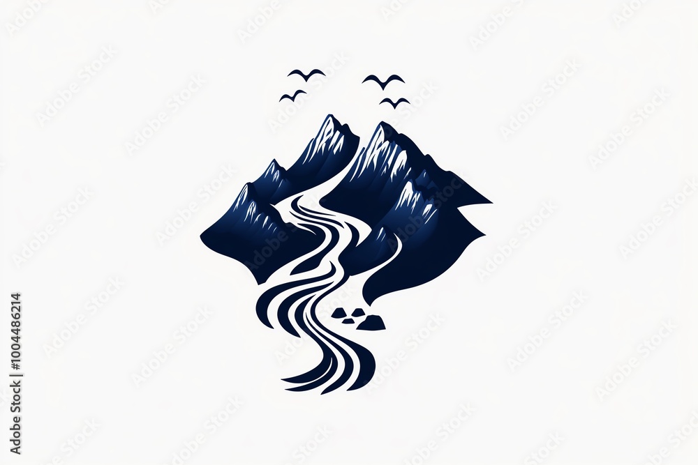 Poster abstract mountain stream icon, showing flowing water and jagged mountain cliffs in a clean, minimali
