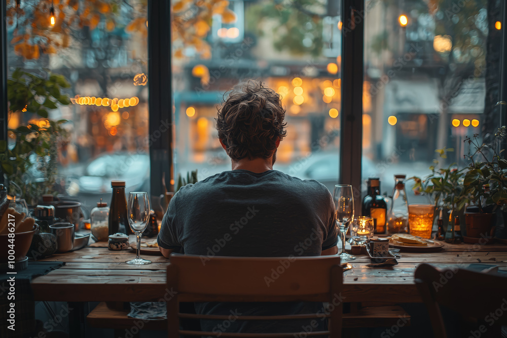 Poster a man sitting alone at a dining table set for two, looking at the empty seat in front of him. concep