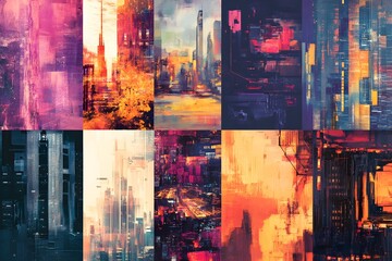 Fototapeta premium Captivating collection of abstract background artworks featuring bold brushstrokes luminous gradients mixed rendering and a dreamlike atmosphere with renaissance and futuristic elements