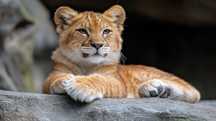 Naklejka premium Young lion cub lounging on a rock in a natural habitat during a sunny afternoon