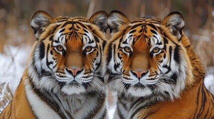 Fototapeta premium Two majestic tigers gaze intently while standing in a snowy landscape during winter in their natural habitat