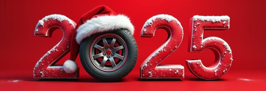 Happy New Year 2025. Bright red rectangular banner with numbers 2025. Merry Christmas. Car wheel in Santa's hat