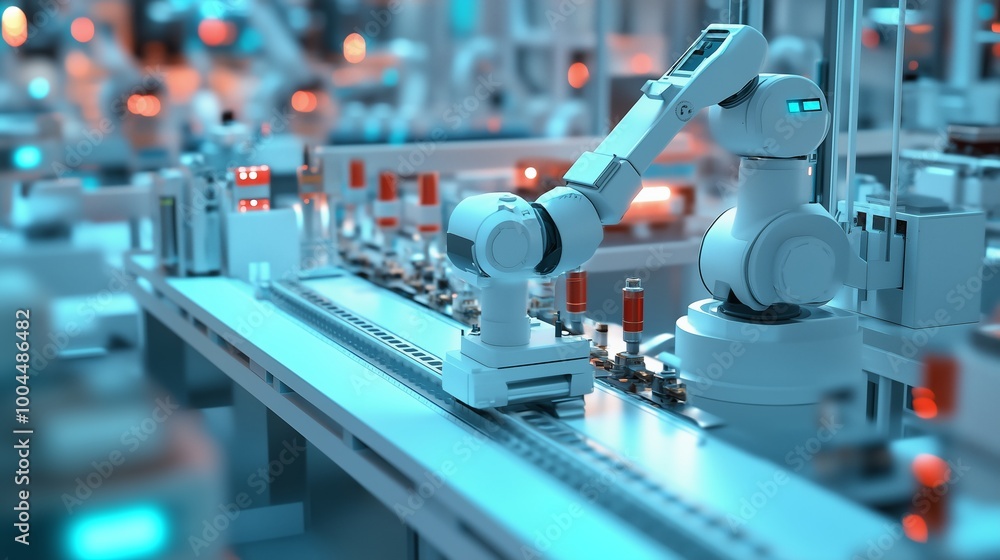 Poster advanced robotic arm working on an automated assembly line in a high-tech production facility during