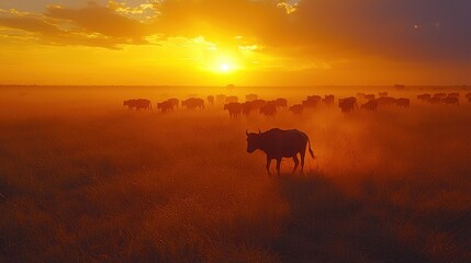 Herd of cattle grazing in a vibrant sunset on a tranquil plain in the countryside