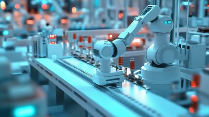 Advanced robotic arm working on an automated assembly line in a high-tech production facility during daytime operations