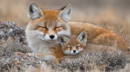 Naklejka premium A mother fox cuddles with her young cub in their natural habitat during a calm afternoon in the wilderness