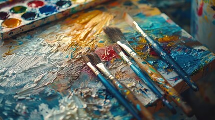 Fototapeta premium Vibrant Artist Palette with Brushes on Canvas