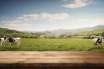 Empty wooden table top grass field cow.