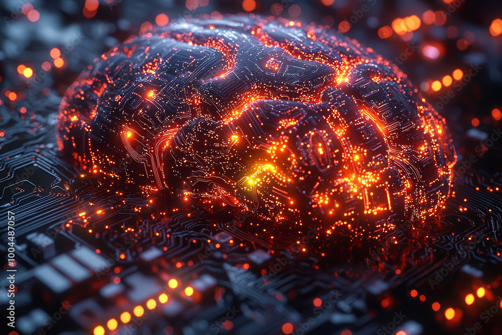 Poster a human brain with digital circuits embedded, glowing as data streams flow through it. concept of te