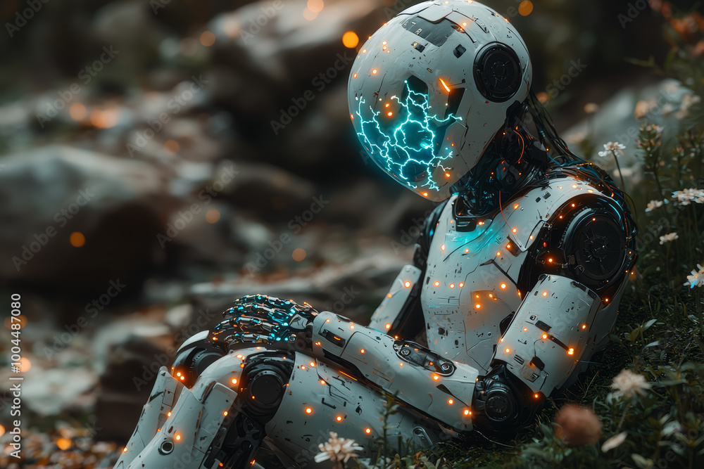 Poster a human and robot sitting together, both connected by a glowing neural link, showing shared thought.