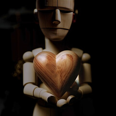 A wooden doll with a heart in her hands on a black background.