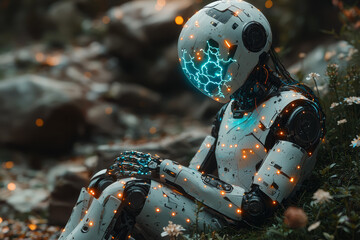 A human and robot sitting together, both connected by a glowing neural link, showing shared thought. Concept of symbiosis between AI and humans.