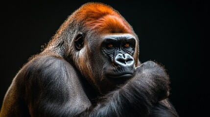 Obraz premium A gorilla looks menacing against a dark backdrop.