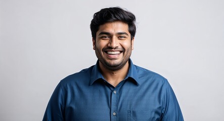 Obraz premium Grinning young Indian man with a fuller figure in studio portrait on clear white background