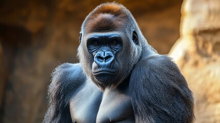 Obraz premium A gorilla looks menacing against a dark backdrop.