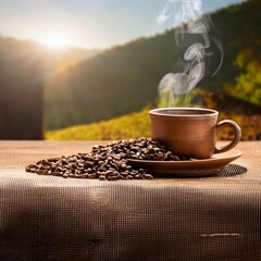grãos de café numa mesa com uma xícara de café saindo fumaça em local bucólico, imagem close up