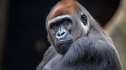 Obraz premium A gorilla looks menacing against a dark backdrop.