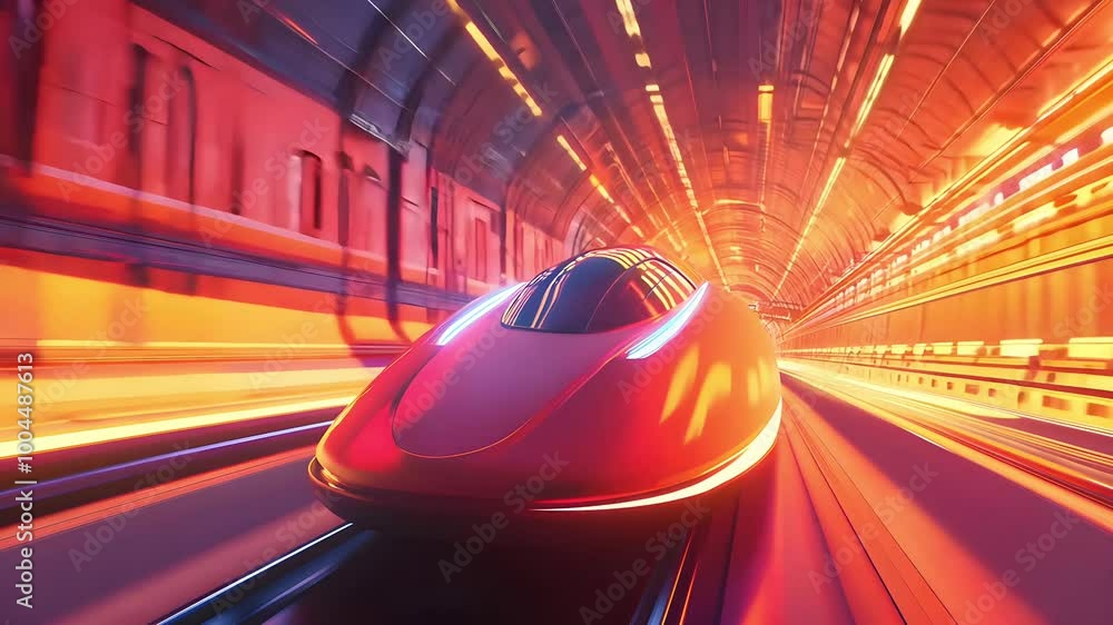 Poster a futuristic train speeds through a vibrant illuminated tunnel, showcasing motion and technological 