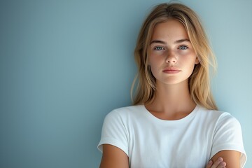 Fototapeta premium Beautiful Blonde Woman in White TShirt Against Blue Background, Candid Portrait Photography