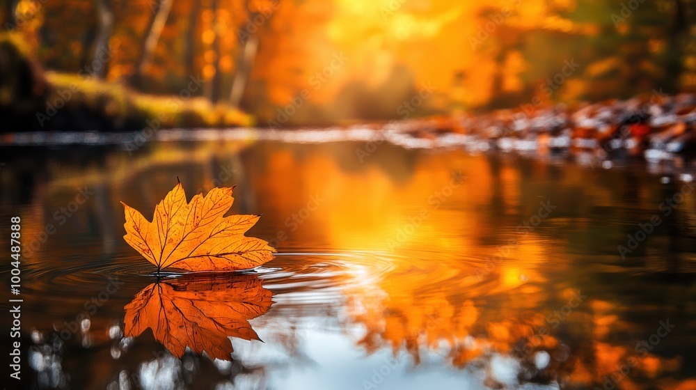 Poster a golden maple leaf floats softly on the calm surface of a river, reflecting the rich hues of autumn