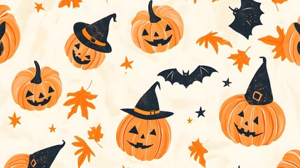 A playful Halloween pattern of pumpkins with tiny hats, cats curled up in leaves, and bats trailing tiny stars in pastel orange on a cream background with soft brush strokes