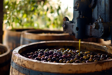Fresh olives and olive oil with an oil press showcasing the traditional extraction process