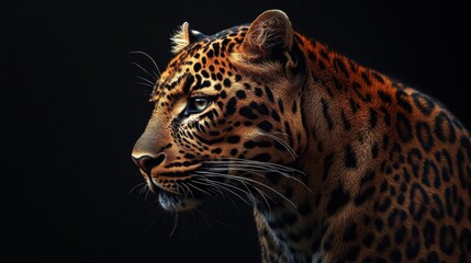Obraz premium Striking portrait of a leopard with deep shadows on a black background, an iconic representation of wildlife photography.