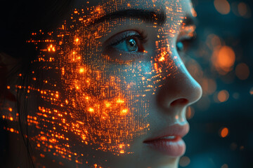 A digital interface projected from a person's mind, allowing them to interact with data and machines through thought alone. Concept of augmented reality and cognition.